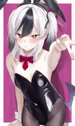 &gt;:( 1girl alternate_costume alternate_hairstyle animal_ears arm_at_side arm_strap bare_shoulders black_hair black_leotard black_ribbon blue_archive blush border bow bowtie breasts bright_pupils closed_mouth collarbone commentary covered_navel cowboy_shot demon_girl demon_horns detached_collar ear_piercing eyelashes fake_animal_ears fishnet_pantyhose fishnets foreshortening frown gradient_hair hair_between_eyes hair_ribbon hexaroque highres horns kayoko_(blue_archive) leotard looking_at_viewer medium_hair multicolored_hair nail_polish outside_border outstretched_arm pantyhose piercing pink_background playboy_bunny rabbit_ears red_bow red_bowtie red_eyes red_nails ribbon sidelocks simple_background small_breasts solo strapless strapless_leotard tsurime twintails twitter_username two-tone_hair v v-shaped_eyebrows white_border white_hair white_pupils white_wrist_cuffs wrist_cuffs