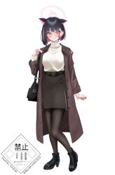 1girl animal_ears artist_name belt black_bag black_belt black_hair black_nails black_pantyhose black_shoes blue_archive blush bracelet breasts brown_coat brown_skirt cat_ears closed_mouth coat colored_inner_hair earrings extra_ears fingernails full_body glasses hair_behind_ear hair_ornament hairclip halo high-waist_skirt highres jewelry kazusa_(blue_archive) large_breasts long_sleeves looking_at_viewer medium_hair multicolored_hair nail_polish necklace open_clothes open_coat pantyhose pink_eyes pink_hair pink_halo pink_lips sample_watermark shoes simple_background skirt smile solo streaked_hair stud_earrings sweater thighs turtleneck turtleneck_sweater twitter_username two-tone_hair watermark white_background white_sweater yellow-framed_eyewear yoshiki_3821