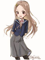 Rule 34 | 1girl, :d, aoba kokona, braid, brown eyes, brown hair, eisu (eith), forehead, hair ornament, hairclip, highres, long hair, open mouth, pleated skirt, school uniform, simple background, skirt, smile, white background, yama no susume