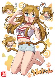 1girl :3 :d absurdres animal_ear_fluff animal_ears aqua_eyes barefoot belt belt_buckle blue_eyes blunt_bangs blush braid breasts brown_belt brown_hair buckle cat_ears cat_girl cat_tail chibi chibi_inset collar collarbone colored_sclera crop_top dot_nose eyelashes fang feet_up highres idolmaster idolmaster_million_live! idolmaster_million_live!_theater_days kemonomimi_mode kousaka_umi light_blush long_hair looking_at_viewer lying medium_breasts midriff navel ngetyan on_stomach open_mouth outline paw_pose paw_print red_collar red_ribbon red_shirt ribbon shirt short_shorts short_sleeves shorts signature sitting sleeping smile solo speech_bubble spoken_food star_(symbol) striped_clothes striped_shirt swirl tail tail_ornament tail_ribbon tied_shirt triangle twin_braids white_outline white_shirt white_shorts wing_collar zzz