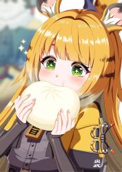 1girl animal_ear_fluff animal_ears blonde_hair colored_inner_hair dumpling fingerless_gloves food gloves green_eyes highres ju_fufu long_hair looking_at_viewer multicolored_hair shirt solo tiger_ears tiger_girl tishi white_hair zenless_zone_zero
