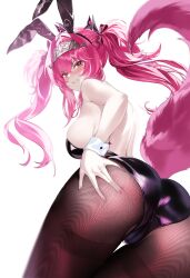 1girl absurdres animal_ear_hairband animal_ears ass backless_leotard bare_shoulders black_bow black_pantyhose blush bow breasts cameltoe clenched_teeth commentary fake_animal_ears from_behind grape_fruit_(vyvr8457) hair_between_eyes hair_bow hair_ornament hairband hand_on_own_ass highres large_breasts leotard long_hair looking_at_viewer looking_back lupa_(wuthering_waves) median_furrow metal_hairband orange_eyes pantyhose pink_hair rabbit_ear_hairband rabbit_ears simple_background solo tacet_mark_(wuthering_waves) tail teeth thighband_pantyhose twintails white_background white_wrist_cuffs wolf_tail wrist_cuffs wuthering_waves