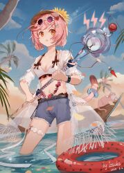 1girl absurdres animal_ears arknights bikini breasts brown_hat canoe cat chinese_commentary cleavage collarbone commentary_request cowboy_shot dated day goldenglow_(arknights) goldenglow_(summer_flowers)_(arknights) hair_ornament hairclip hat highres holding holding_staff innertube itsuka_(pixiv90988220) lens_flare lightning_bolt_symbol medium_breasts navel non-circular_lens_flare official_alternate_costume open_mouth orange_eyes outdoors pink_cat pink_hair pink_tail round_eyewear scottish_fold see-through_clothes short_hair solo staff standing swim_ring swimsuit tail triangle_mouth wading water white_bikini