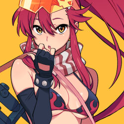 Rule 34 | 1girl, bikini, breasts, fingerless gloves, flame print, gloves, highres, long hair, looking at viewer, open mouth, orange background, orange eyes, print bikini, red hair, scarf, simple background, solo, striped clothes, striped scarf, swimsuit, tarou2, tengen toppa gurren lagann, upper body, yoko littner