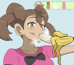 Rule 34 | 1girl, alternate color, banana, blush, cum, cum in mouth, food, fruit, heart, highres, mantan, nintendo, penis, pokemon, pokemon-amie, saliva, shauna (pokemon), shiny skin, solo, uncensored