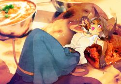 1girl animal_ears blue_skirt bright_pupils brown_fur dark-skinned_female dark_skin food furry furry_female grey_hair hand_up holding holding_food idkuroi in_food kuroi-chan_(kuroi_moyamoya) long_skirt lying mini_person minigirl on_back original pink_eyes purple_eyes shirt short_hair skirt smile solo tail white_pupils white_shirt