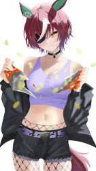 1girl absurdres animal_ears bag_of_chips bare_shoulders black_jacket blurry blurry_foreground breasts brown_hair chips_(food) cleavage collarbone commentary cowboy_shot depth_of_field ear_ornament fishnet_pantyhose fishnets food hair_over_one_eye highres horse_ears horse_girl horse_tail jacket jacket_partially_removed kirameki_(rikukaikuu) looking_at_viewer medium_breasts midriff multicolored_hair navel official_alternate_costume orange_eyes pantyhose pendant_choker potato_chips purple_tank_top scene_reference short_hair short_shorts shorts simple_background solo streaked_hair tail tanino_gimlet_(umamusume) tank_top two-tone_hair umamusume white_background white_hair