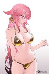1girl absurdres alternate_costume animal_ears bare_shoulders bikini blush breasts cleavage closed_mouth commentary earrings english_commentary fingernails fox_ears gem genshin_impact gold_bikini golden_week golden_week_bikini hair_between_eyes highres jewelry large_breasts long_hair miychi nail_polish navel pink_hair pink_nails purple_eyes purple_gemstone solo stomach swimsuit twitter_username twitter_x_logo very_long_hair white_background yae_miko