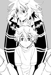 2boys aged_down between_legs child closed_mouth collared_shirt expressionless fur-trimmed_jacket fur_trim grey_background greyscale hair_between_eyes high_collar honosuke_(tns4b) indian_style jacket koide_natsuno looking_at_viewer looking_to_the_side male_focus monochrome multiple_boys mutou_tooru pants shiki_(novel) shirt short_hair shorts simple_background sitting t-shirt