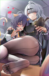 2girls absurdres ahoge animal_ear_fluff animal_ears ass atom_b belle_(delicate_sunlight)_(zenless_zone_zero) belle_(zenless_zone_zero) bird bird_on_hand black_pantyhose black_shirt blue_hair blush breast_pillow breasts cat_ears cat_girl cat_tail feet green_eyes hair_ornament hairclip heart highres indoors kemonomimi_mode large_breasts letter_hair_ornament long_hair multiple_girls official_alternate_costume pantyhose shirt short_hair single_hair_intake tail white_hair yellow_eyes yixuan_(trails_of_ink)_(zenless_zone_zero) yixuan_(zenless_zone_zero) yuri zenless_zone_zero