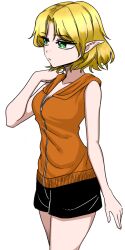 1girl alternate_costume black_shorts blonde_hair breasts cleavage closed_mouth cowboy_shot expressionless green_eyes highres hood hood_down hoodie looking_afar medium_breasts mizuhashi_parsee orange_hoodie parted_bangs pointy_ears revision short_hair shorts simple_background sleeveless sleeveless_hoodie solo touhou white_background yokozuna_iwashi zipper