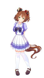 Rule 34 | 1girl, absurdres, animal ears, arms behind back, aston machan (umamusume), blush, bow, bowtie, breasts, brown hair, brown shoes, closed mouth, crown, ear ornament, full body, green eyes, hair between eyes, hair ornament, highres, horse ears, horse girl, horse tail, horseshoe ornament, looking at viewer, medium hair, mini crown, puffy short sleeves, puffy sleeves, purple bow, purple bowtie, purple sailor collar, purple shirt, purple skirt, sailor collar, sailor shirt, school uniform, shirt, shoes, short sleeves, skirt, smile, solo, tail, thighhighs, tracen school uniform, tthyt26, umamusume, white background, white skirt, white thighhighs