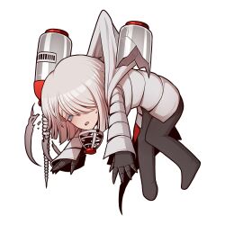 Rule 34 | 1girl, absurdres, black gloves, black pants, faust (project moon), gloves, hair over one eye, highres, jacket, kishimen hair, limbus company, long sleeves, mask, medium hair, misg1111, open mouth, pants, project moon, respirator, simple background, solo, straitjacket, sweat, thoracalgia (e.g.o), white background, white hair, white jacket