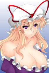1girl ashima_takumi bare_shoulders blonde_hair blush breasts cleavage dress female_focus hat hat_ribbon huge_breasts large_breasts long_hair off_shoulder purple_dress purple_eyes ribbon smile solo touhou upper_body xeqj yakumo_yukari