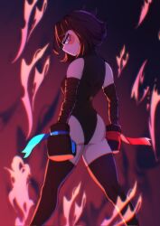 1girl alternate_costume alternate_hairstyle artist_request ass back bandaged_arm bandages bare_shoulders black_background black_hair bodysuit boxing_gloves breasts fight_club fire gradient_background highres looking_back medium_breasts multicolored_eyes pomni_(the_amazing_digital_circus) serious short_hair the_amazing_digital_circus thighhighs two-tone_eyes
