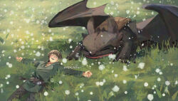 1boy animal bag brown_hair closed_eyes dragon grass green_shirt grey_pants hiccup_horrendous_haddock_iii how_to_train_your_dragon_(series) kadeart lying on_back on_grass open_mouth pants plant shirt short_hair smile sneezing teeth toothless upper_teeth_only western_dragon wings
