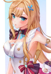 1girl :d absurdres apron aqua_eyes bare_shoulders blonde_hair blush bow breasts escoffier_(genshin_impact) genshin_impact highres large_breasts long_hair looking_at_viewer netarou_(netarou_25) open_mouth red_bow smile solo upper_body very_long_hair white_apron wrist_cuffs