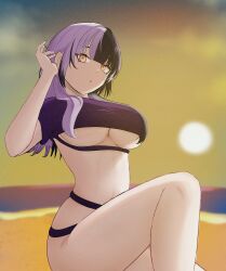 1girl absurdres beach bikini black_bikini black_hair blurry blurry_background breasts highres hololive hololive_english large_breasts long_hair misterrai multicolored_hair purple_hair sand shiori_novella solo split-color_hair sun sunset swimsuit two-tone_hair underboob virtual_youtuber yellow_eyes