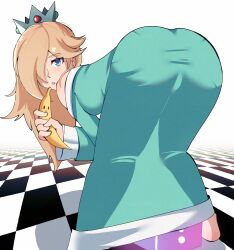 1girl absurdres ass ass_focus banana bare_shoulders bent_over blonde_hair blue_eyes blush breasts crown dress embarrassed food from_behind fruit gjh hair_over_one_eye highres huge_ass long_hair looking_at_viewer looking_back mario_(series) nintendo parted_lips rosalina sideboob solo super_mario_galaxy very_long_hair