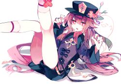 Rule 34 | 1girl, black hat, black nails, black shorts, boo tao (genshin impact), branch, brown coat, brown hair, claws, coat, commentary, flower, flower-shaped pupils, genshin impact, ghost, hair between eyes, hair flaps, hat, hat flower, hat tassel, highres, hu tao (genshin impact), jewelry, legs up, long hair, long sleeves, looking at viewer, lying, meto (metrin), multiple rings, on back, open mouth, plum blossoms, porkpie hat, red eyes, red flower, ring, shorts, sidelocks, simple background, smile, socks, solo, symbol-only commentary, symbol-shaped pupils, thighs, twintails, very long hair, white background, white socks