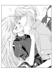 Rule 34 | 2girls, blush, falling petals, hand on another&#039;s shoulder, hand on another&#039;s waist, highres, kiss, kissing cheek, long hair, monochrome, multiple girls, nui nakato, petals, reverse trap, short hair, smile, toi et moi (manga)