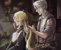 2boys adjusting_another&#039;s_hair blonde_hair book bookshelf braid braiding_hair clock closed_eyes closed_mouth collared_shirt commentary creatures_(company) emmet_(pokemon) game_freak grey_eyes grey_hair hairdressing highres indoors long_hair looking_down male_focus multiple_boys nintendo pants pokemon pokemon_bw pokemon_legends:_arceus rei_(esprei96) shelf shirt short_hair sideburns smile suspenders sweater volo_(pokemon)
