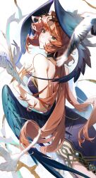1girl absurdres bare_arms bare_shoulders bird black_wings cheongdan_t closed_mouth crown_of_thorns dress druvis_iii druvis_iii_(shrouded_in_thorns) feathered_wings from_side green_eyes hand_up head_wings highres long_hair looking_at_viewer low_wings official_alternate_costume orange_hair purple_dress reverse:1999 side_slit sleeveless sleeveless_dress smile solo upper_body white_background wings