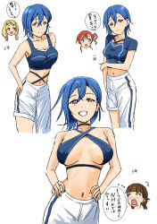 4girls adapted_costume asymmetrical_pants blonde_hair blue_eyes blue_hair blue_shirt blunt_bangs braid breasts breasts_apart brown_hair chibi chibi_inset cleavage commentary_request crop_top cropped_shirt crossed_bangs flying_sweatdrops fourth_wall gradient_hair grin hair_between_eyes hair_bun hands_on_own_hips highres large_breasts love_live! love_live!_superstar!! low_twin_braids low_twintails midriff multicolored_hair multiple_girls navel nonaka_kokoro official_alternate_costume onitsuka_natsumi open_mouth progression red_eyes red_hair revealing_clothes sakurakoji_kinako shirt short_hair_with_long_locks single_side_bun sleeveless sleeveless_shirt smile standing stomach twin_braids twintails wakana_shiki worried yellow_eyes yoneme_mei