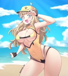 1girl absurdres ahoge alternate_costume beach blonde_hair breasts bridal_gauntlets cleavage covered_navel cowboy_shot fire_emblem fire_emblem_fates grey_eyes hat highleg highleg_one-piece_swimsuit highres holding holding_unworn_clothes holding_unworn_hat jarckius large_breasts leaning_forward long_hair looking_at_viewer nintendo one-piece_swimsuit open_mouth ophelia_(fire_emblem) smile swimsuit twitter_username underboob unworn_hat unworn_headwear visor wide_hips