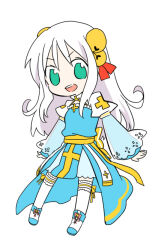 Rule 34 | 1girl, arch bishop (ragnarok online), bell, blue dress, boots, chibi, chibi only, commentary request, cross, dress, frilled thighhighs, frills, full body, green eyes, hair bell, hair ornament, jingle bell, juliet sleeves, long hair, long sleeves, looking at viewer, nayuruonline, open mouth, puffy sleeves, ragnarok online, sash, simple background, smile, solo, thighhighs, two-tone dress, v-shaped eyebrows, white background, white boots, white dress, white hair, white thighhighs, yellow sash