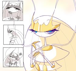 1girl animal_hands antennae arthropod_girl averting_eyes big_hair blue_pupils closed_mouth dot_mouth female_focus flying_sweatdrops furry furry_female gen_7_pokemon hand_on_own_chin hands_up holding_antenna joints long_hair looking_at_viewer looking_to_the_side monya nintendo pheromosa pokemon pokemon_(creature) purple_eyes shy simple_background solo squiggle ultra_beast white_background white_hair
