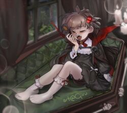 1girl 2024 black_bloomers black_cape black_dress bloomers brown_hair candle cape coffin curtains dress fangs girutea indie_virtual_youtuber lily_hopkins loli open_mouth sitting solo toe_socks vampire whitesocks window yawning