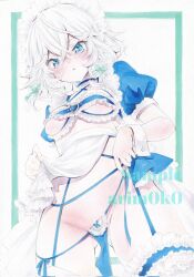 1girl apron arim0k0 artist_name blue_eyes blue_panties blush border braid breasts closed_mouth clothing_aside commentary crossed_bangs frills green_border groin highres izayoi_sakuya lingerie looking_at_viewer maid maid_headdress marker_(medium) medium_breasts medium_hair panties panties_aside sample_watermark side_braids solo touhou traditional_media twin_braids underboob underwear waist_apron watermark white_apron
