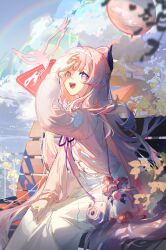 Rule 34 | 1girl, :d, absurdres, bench, blunt bangs, camera, chinese commentary, commentary request, day, dress, feet out of frame, flower, genshin impact, grey sky, hand up, highres, jacket, long dress, long hair, long sleeves, looking at viewer, multicolored eyes, official alternate costume, open mouth, outdoors, pink flower, pink hair, pink jacket, pink rose, purple ribbon, rafaelaaa, rainbow, ribbon, rose, sangonomiya kokomi, sangonomiya kokomi (xiaohongshu), scallop, sitting, sky, smile, solo, teeth, upper teeth only, very long hair, white dress, wooden bench, yellow eyes