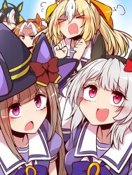 Rule 34 | &gt; &lt;, 5girls, ahoge, animal ear headwear, black hair, black hairband, blonde hair, blue eyes, blunt bangs, bow, bowtie, braid, braided hair rings, bright pupils, clenched hands, closed eyes, commentary request, curren chan (umamusume), dream journey (umamusume), durandal (umamusume), ear bow, ear covers, ear ornament, fake animal ears, flying sweatdrops, from above, glasses, grey hair, hair between eyes, hair intakes, hair rings, hairband, hat, hat bow, hat ribbon, highres, huge ahoge, jealous, long hair, looking at viewer, looking up, medium hair, multicolored hair, multiple girls, orange hair, orfevre (umamusume), puff of air, puffy short sleeves, puffy sleeves, purple bow, purple bowtie, purple eyes, purple hat, purple shirt, red bow, red eyes, ribbon, sailor collar, school uniform, shirt, short sleeves, sidelocks, single ear cover, single hair intake, summer uniform, sweatdrop, sweep tosho (umamusume), tracen school uniform, two-sided fabric, two-tone hair, umamusume, v-shaped eyebrows, white hair, white sailor collar, witch hat, yonedatomo mizu