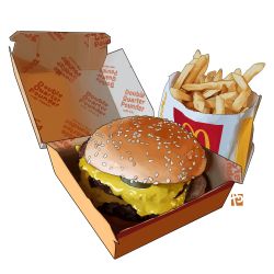 absurdres burger cheese commentary english_commentary food french_fries highres mcdonald&#039;s no_humans pickle sesame_seeds still_life studiolg watermark white_background