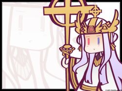 1girl black_border blue_eyes border chorvaqueen cone_hair_bun cowboy_shot crosier cross crown double_bun grey_hair hair_bun heterochromia holding holding_staff long_hair looking_at_viewer open_mouth pope_(ragnarok_online) ragnarok_online red_eyes robe solo staff very_long_hair white_robe zoom_layer