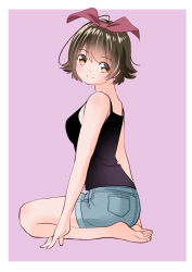 Rule 34 | 1girl, barefoot, black shirt, blue shorts, border, bow, bow hairband, brown eyes, brown hair, denim, denim shorts, feet, from side, full body, hair bow, hairband, looking at viewer, original, red bow, red hairband, seiza, shirt, short hair, short shorts, shorts, sitting, sleeveless, sleeveless shirt, solo, toes, white border, yamanaka kouji (yanchiki2001)