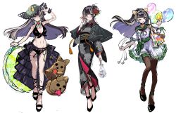 1girl absurdres alternate_costume animal_ear_hairband animal_ears bikini black_bikini black_hair black_kimono black_pantyhose bow cat_ear_hairband cat_ears chiyokurayuki dress fake_animal_ears full_body glasses green_bow green_sailor_collar hair_bun hairband highres holding holding_swim_ring hololive hololive_dev_is innertube japanese_clothes juufuutei_raden kimono long_hair multicolored_hair multiple_views navel pantyhose print_kimono sailor_collar sash simple_background streaked_hair summer_festival swim_ring swimsuit two-tone_hair virtual_youtuber white_background white_hair