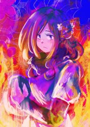 1girl closed_mouth commentary english_commentary eyelashes fire highres kyokugen_dasshutsu kyokugen_dasshutsu:_9_jikan_9_nin_9_no_tobira long_hair long_sleeves kurashiki_akane purple_eyes reimeko scarf solo spoilers upper_body