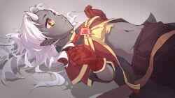 1girl bilibilijnylgj blush calamitas calamity_(terraria_mod) closed_mouth colored_skin gloves grey_skin highres horns lying navel on_back pointy_ears red_gloves shawl solo tagme terraria white_hair white_horns yellow_eyes
