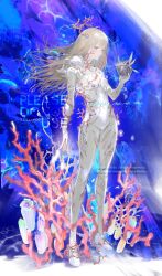 1girl blonde_hair blue_eyes blue_flower bodysuit cactus english_text flower highres holding_cube lollipop-22 original parted_lips plant purple_flower shoes smile solo tagme torn_bodysuit torn_clothes watermark white_bodysuit white_shoes yellow_flower
