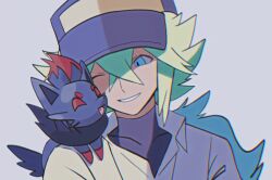 Rule 34 | 1boy, animal, animal on shoulder, black hat, black shirt, blue eyes, collared shirt, gen 5 pokemon, green hair, grey background, hat, long hair, looking at animal, male focus, n (pokemon), nintendo, one eye closed, pokemon, pokemon (creature), pokemon bw, shirt, simple background, smile, undershirt, upper body, white shirt, zero (sleepy meltan), zorua