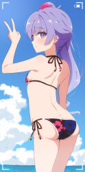 1girl ass bare_shoulders bikini blue_sky blush breasts cloud cloudy_sky day hair_ornament hair_scrunchie highres horizon long_hair looking_at_viewer looking_back nemsist ocean ongeki outdoors ponytail purple_eyes purple_hair scrunchie sky small_breasts smile solo string_bikini swimsuit takase_rio takase_rio_(swimsuit) v viewfinder