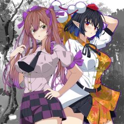 Rule 34 | 1girl, arm behind back, arm behind head, arm up, asymmetrical shirt, belt, black belt, black hair, black ribbon, black skirt, blush, breasts, brown eyes, brown hair, bush, buttons, checkered clothes, checkered skirt, collared shirt, commentary request, cowboy shot, feathers, forest, hair ribbon, hand fan, hat, highres, himekaidou hatate, holding, holding fan, kitaura kasumi, large breasts, leaf fan, leaf print, long hair, looking at viewer, maple leaf print, miniskirt, multiple girls, nature, necktie, no wings, open mouth, outline, pleated skirt, pointy ears, pom pom (clothes), puffy short sleeves, puffy sleeves, purple outline, red eyes, red hat, ribbon, shameimaru aya, shirt, short hair, short sleeves, skirt, solo, standing, tokin hat, touhou, tree, twintails