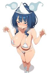 1girl areola_slip bikini blue_eyes blue_hair blush breasts bursting_breasts cleavage from_above half-closed_eyes highres large_breasts legs looking_at_viewer make_heroine_ga_oo_sugiru! navel open_mouth pubic_hair pubic_hair_peek sideboob smell solo swimsuit thighs thong_bikini white_bikini will-o&#039;-the-wisp_(mythology) yanami_anna