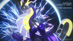 3d animal_focus black_sclera celebi350300687 character_name cinema_4d_(medium) claws closed_mouth colored_sclera copyright_name creatures_(company) electricity game_freak glowing highres miraidon nintendo non-humanoid_robot pixel_eyes pokedex_number pokemon pokemon_(creature) pokemon_focus robot robot_animal robot_dragon solo