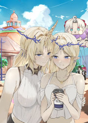 Rule 34 | 4girls, absurdres, alternate costume, bare shoulders, blonde hair, blue eyes, blue sky, blush, breasts, cantarella (wuthering waves), carlotta (wuthering waves), cartethyia (wuthering waves), closed mouth, collarbone, commentary request, crown of thorns, cup, day, disposable coffee cup, disposable cup, dual persona, earrings, female rover (wuthering waves), fleurdelys (wuthering waves), halterneck, highres, holding, holding cup, horns, jewelry, large breasts, long hair, long horns, looking at another, lupa (wuthering waves), multiple earrings, multiple girls, necklace, outdoors, parted bangs, pointy ears, remnant cube (wuthering waves), rover (wuthering waves), shirt, sidelocks, single horn, sky, sleeveless, sleeveless shirt, smile, tacet mark (wuthering waves), white shirt, wuthering waves, xinxin, yellow horns