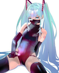 1girl absurdres bare_shoulders black_gloves black_mask black_panties black_thighhighs blue_eyes blue_hair breasts elbow_gloves gloves hatsune_miku highres leotard long_hair lumpychan mask medium_breasts mouth_mask panties sitting skindentation spread_legs thighhighs twintails underwear very_long_hair vocaloid white_background