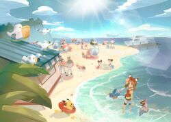 4boys 5girls beach_towel beach_umbrella boat building cloud commentary creatures_(company) cyanroll day game_freak gen_1_pokemon gen_3_pokemon hoenn_route_109 innertube may_(pokemon) mudkip multiple_boys multiple_girls nintendo outdoors pants pelipper pikachu pokemon pokemon_(creature) pokemon_oras poochyena sailor_(pokemon) sand sand_castle sand_sculpture shirt shore sky snorlax standing starfish swim_ring towel tuber_(pokemon) umbrella wading water watercraft white_pants white_shirt wingull zigzagoon